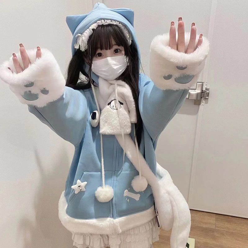 Women'S Fashion Zip Up Hoodies - 일본 귀여운 애니메이션 자수 고양이 귀