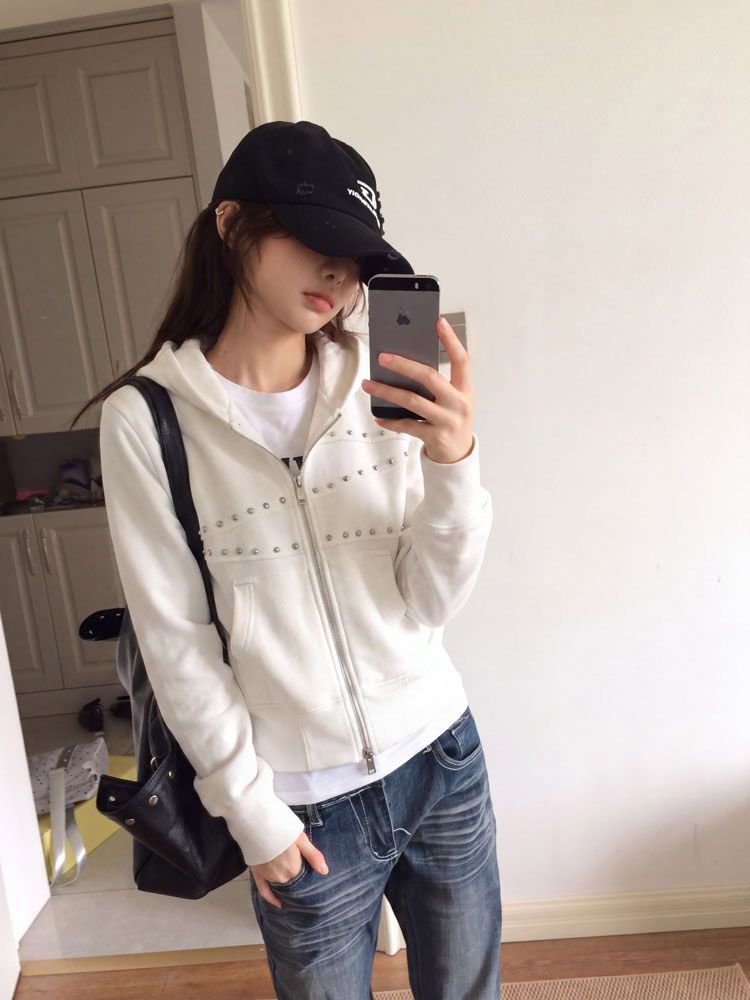 Women'S Fashion Zip Up Hoodies - 여성용 Y2K 스터드 리벳 후드 집업