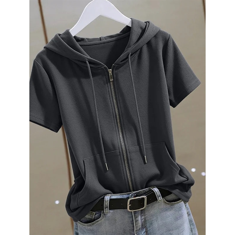 Women'S Fashion Zip Up Hoodies - 여성 여름 지퍼업 반소매 후디, 면