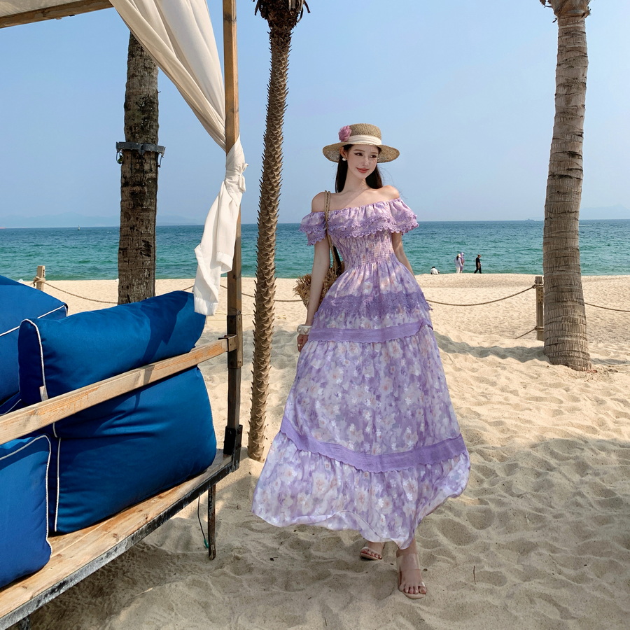 Floral Summer Dress - 여름 휴가 스타일 롱 퍼플 플로럴