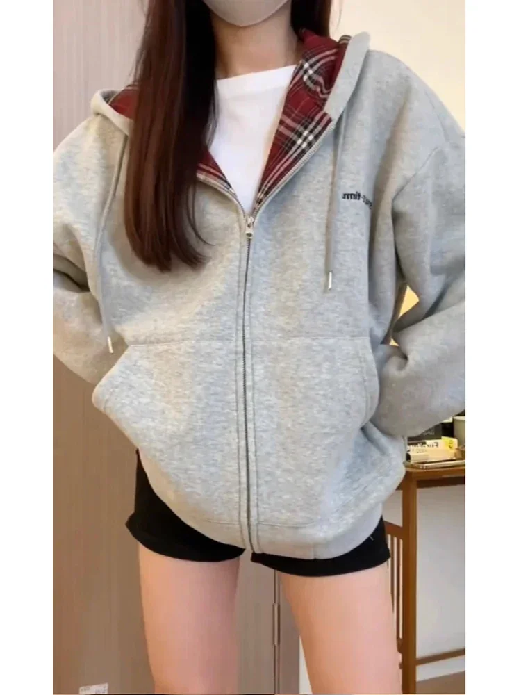 Women'S Fashion Zip Up Hoodies - 여성용 하라주쿠 90 년대 미학적 레드