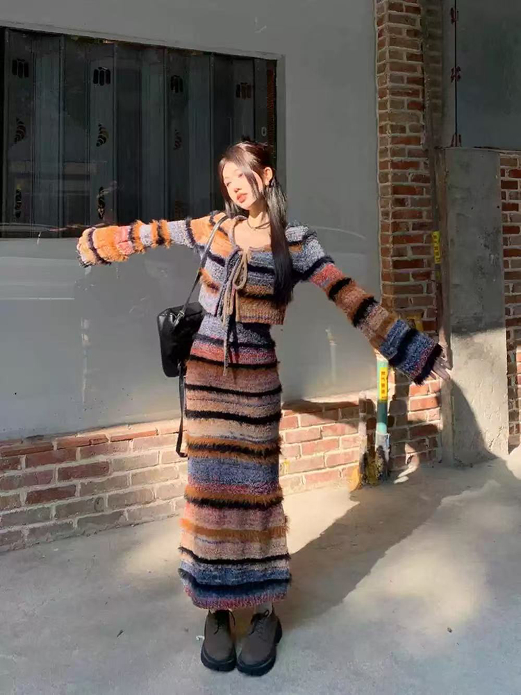 Longline Cardigan Knit - 빈티지 스트라이프 니트 가디건 세트 여성