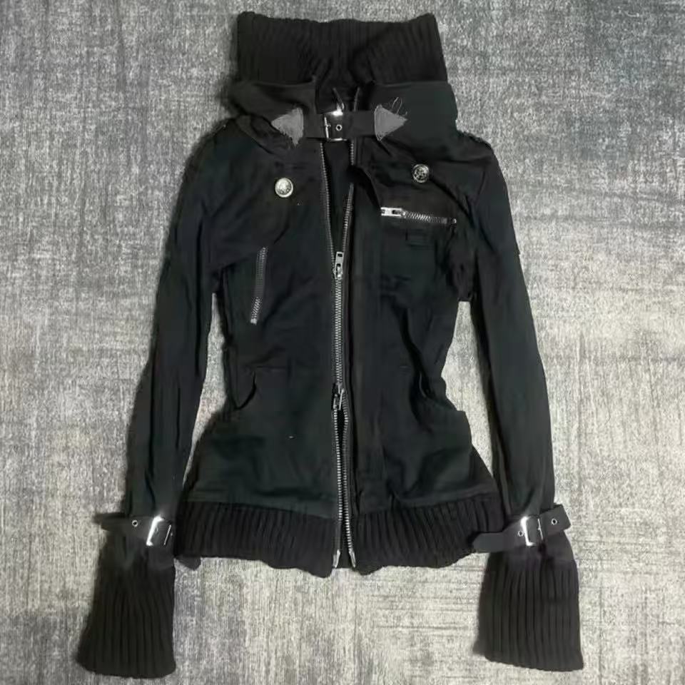 Women'S Fashion Zip Up Hoodies - Y2K 고딕 블랙 슬림 더블 지퍼