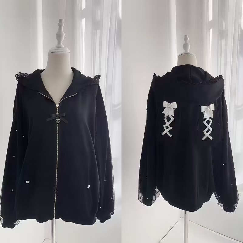 Women'S Fashion Zip Up Hoodies - 여성 겨울 토끼 귀 로리타 후드