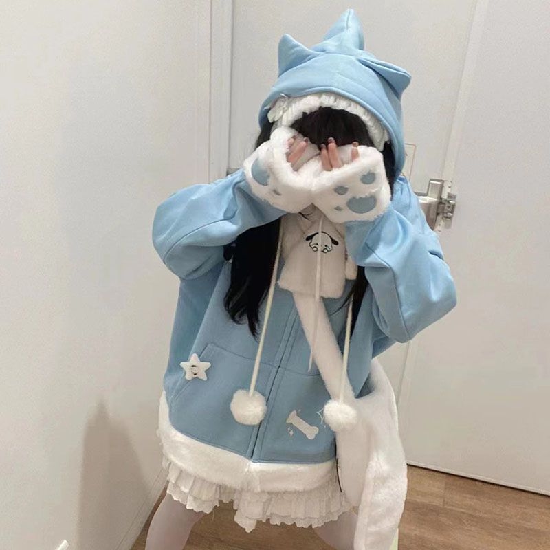 일본 귀여운 애니메이션 자수 고양이 귀 발바닥 후드 후 - Women'S Fashion Zip Up Hoodies 리뷰 및 가격