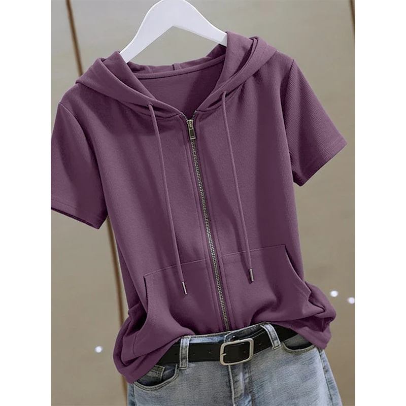여성 여름 지퍼업 반소매 후디, 면 플러스 사이즈 루즈 - Women'S Fashion Zip Up Hoodies 리뷰 및 가격