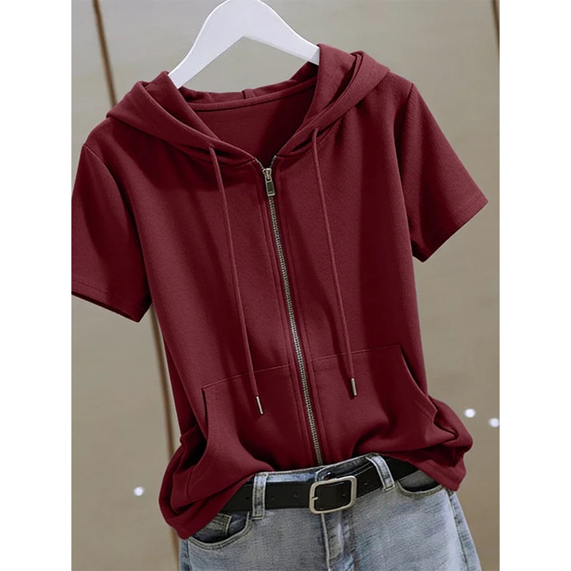 여성 여름 지퍼업 반소매 후디, 면 플러스 사이즈 루즈 - Women'S Fashion Zip Up Hoodies 리뷰 및 가격