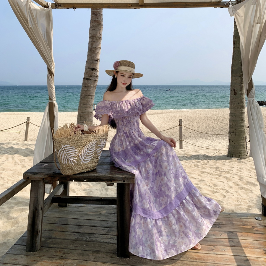 여름 휴가 스타일 롱 퍼플 플로럴 프린트 허리 조절 드 - Floral Summer Dress 리뷰 및 가격