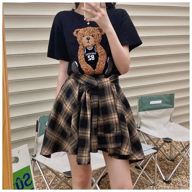 여성용 여름 스커트 및 탑 세트, 곰 만화 블랙 반팔  - Asymmetric Top Women 리뷰 및 가격