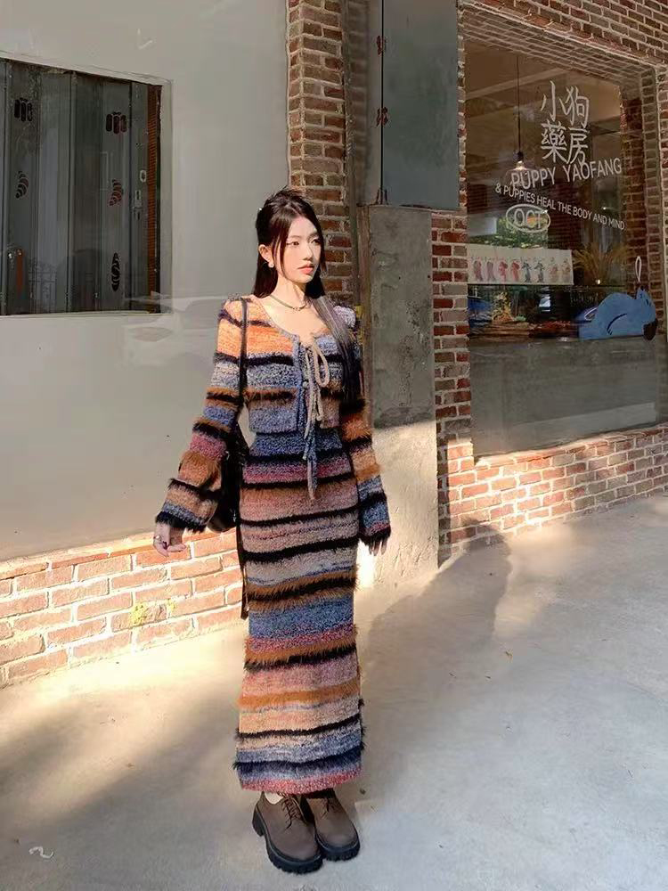 빈티지 스트라이프 니트 가디건 세트 여성 가을 겨울 슬 - Longline Cardigan Knit 리뷰 및 가격
