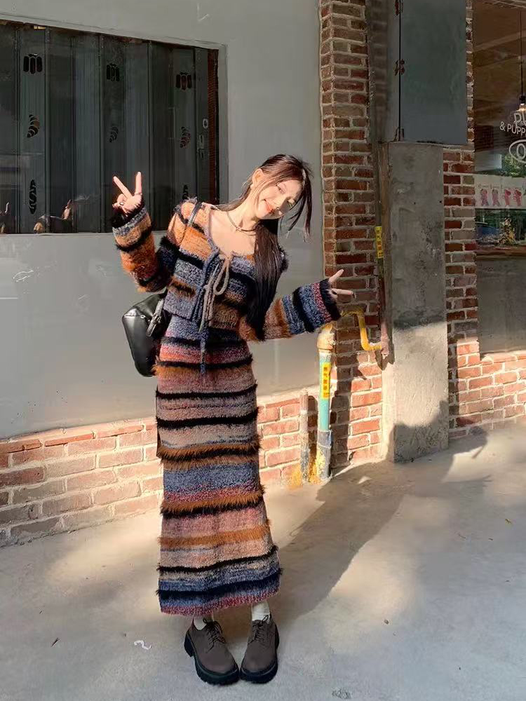 빈티지 스트라이프 니트 가디건 세트 여성 가을 겨울 슬 - Longline Cardigan Knit 리뷰 및 가격