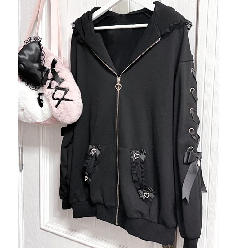 여성 겨울 토끼 귀 로리타 후드 재킷 달콤한 붕대 레이 - Women'S Fashion Zip Up Hoodies 리뷰 및 가격