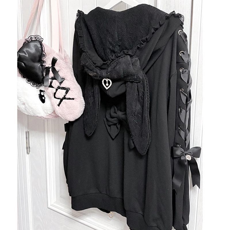 여성 겨울 토끼 귀 로리타 후드 재킷 달콤한 붕대 레이 - Women'S Fashion Zip Up Hoodies 리뷰 및 가격