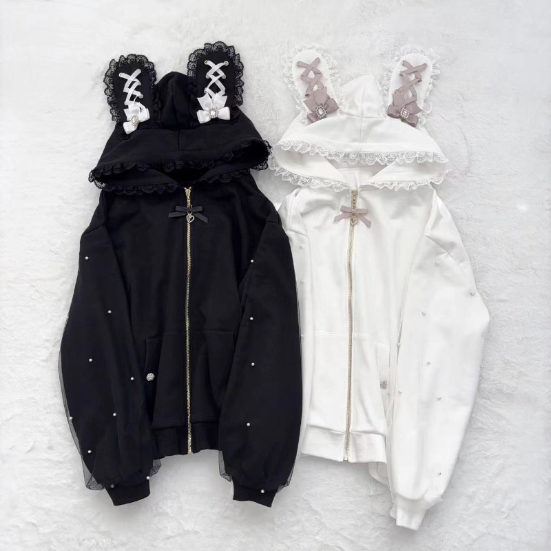 여성 겨울 토끼 귀 로리타 후드 재킷 달콤한 붕대 레이 - Women'S Fashion Zip Up Hoodies 리뷰 및 가격
